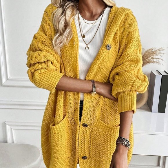 Yellow Boho Womens Dual Pocket Drop Shoulder Cable Knit Hooded Cardigan - Picture 2 of 6